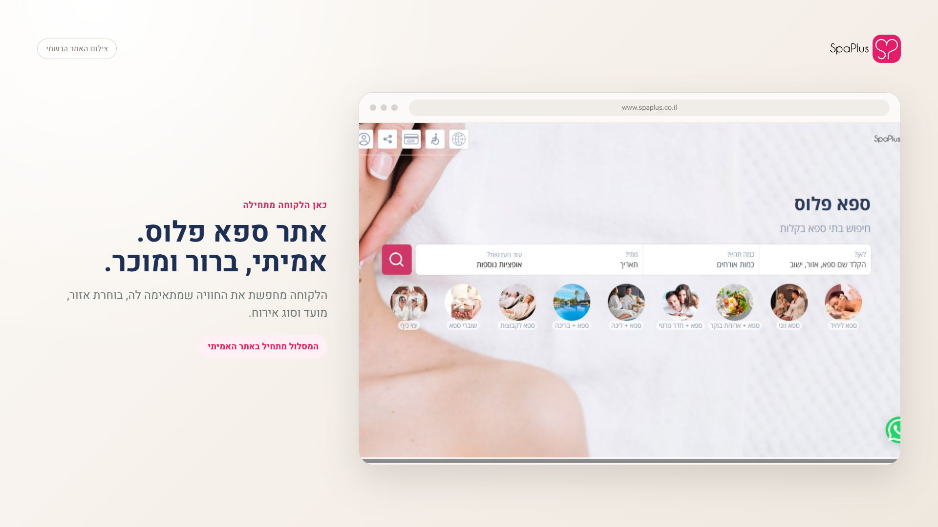המחשה של אתר ספא פלוס כנקודת הכניסה לחיפוש ולהזמנת ספא